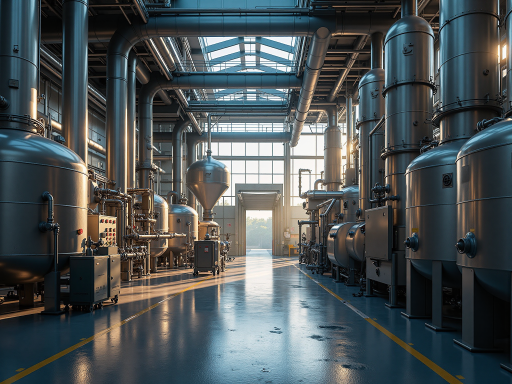 现代化工厂外景，蓝色屋顶工业建筑，绿色植被环绕，阳光明媚自然光