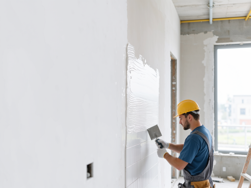 商业大厦外墙施工场景，工人正在作业，城市天际线背景