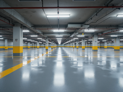 地下停车场防水施工现场，混凝土结构，专业施工人员