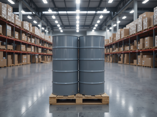 黑色沥青防水涂料桶装产品，工业包装设计，工厂车间背景