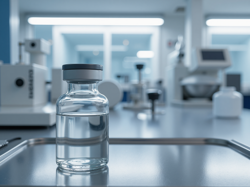 透明硅酮防水涂料包装，玻璃质感容器，实验室环境背景